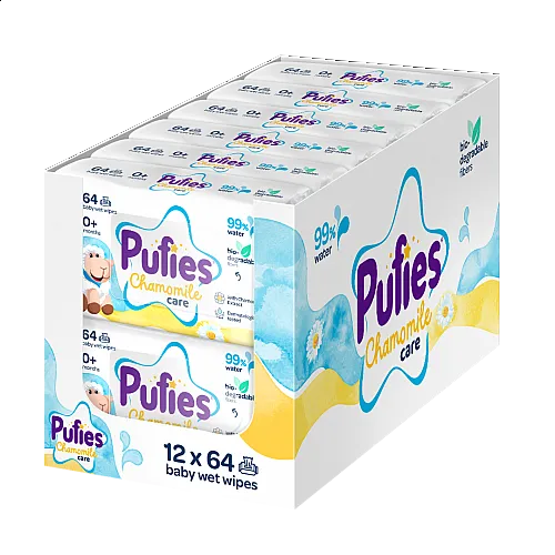 Pufies Clean Care Мокри кърпички с 99% вода и Лайка 12х64бр.