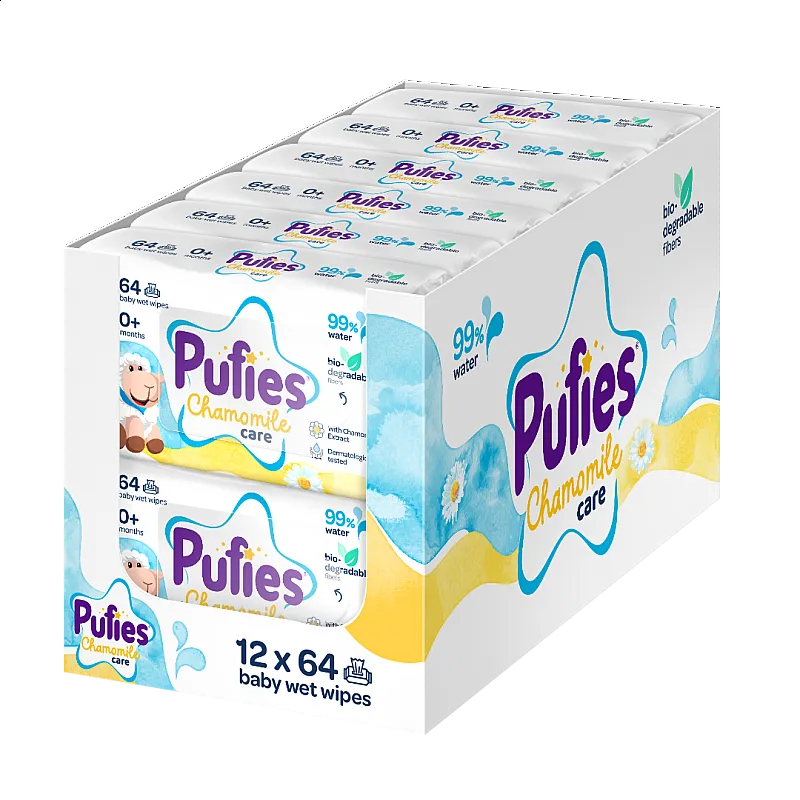 Pufies Clean Care Мокри кърпички с 99% вода и Лайка 12х64бр.