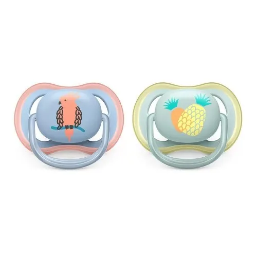 2 броя ортодонтични залъгалки Philips AVENT Ultra Air с декорация Папагал и Ананас в кутия за стерилизиране 0-6м.