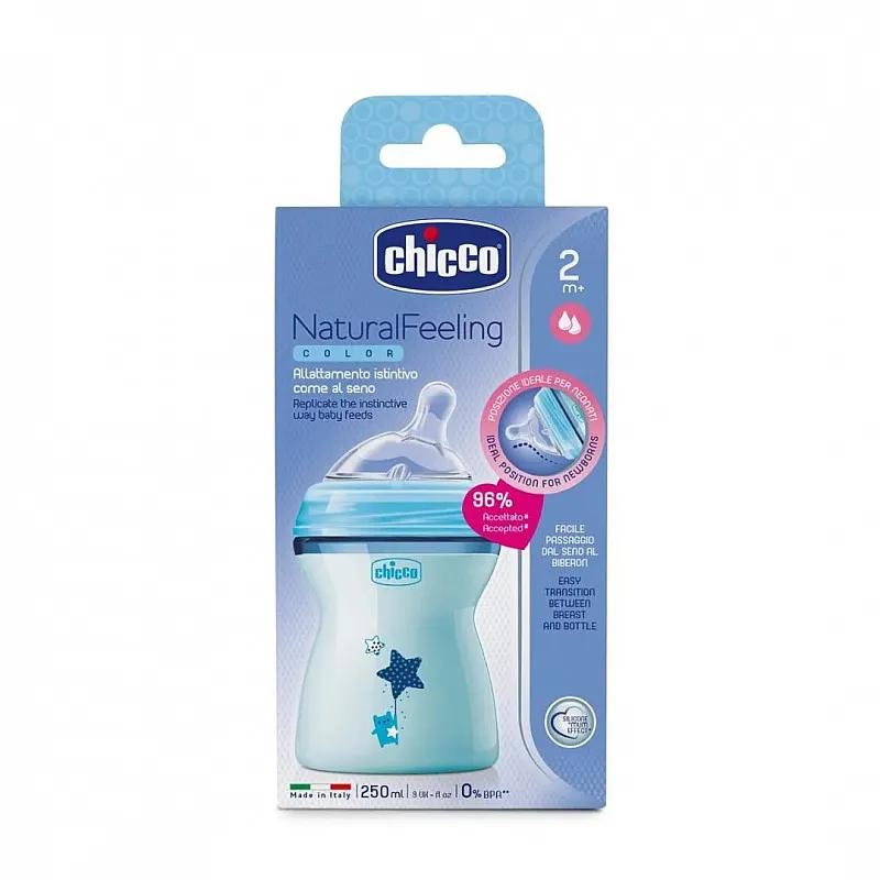 Chicco Шише Natural Feeling 250 мл със силиконов биберон 2 капки 2м+ - момче