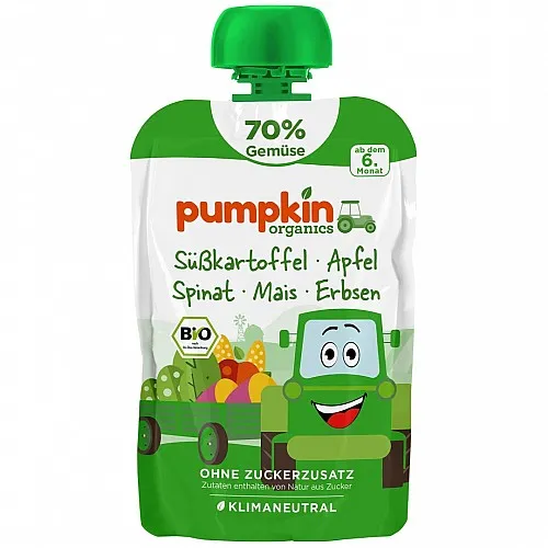 PUMPKIN ORGANICS БИО Пюре сладък картоф, ябълка, спанак, царевица и грах 6м. 100г