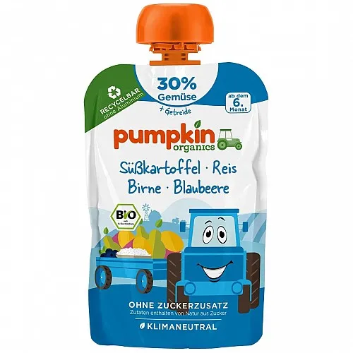 PUMPKIN ORGANICS БИО Пюре сладки картофи, круши, боровинки и ориз 6м. 100г