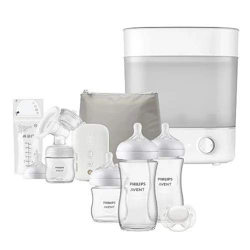 AVENT Единична електрическа помпа Natural Motion Premium + Електрически стерилизатор Advanced + Комплект за новородено Natural Response 3.0 - Залъг (0-6) + 3 Шишета - стъкло