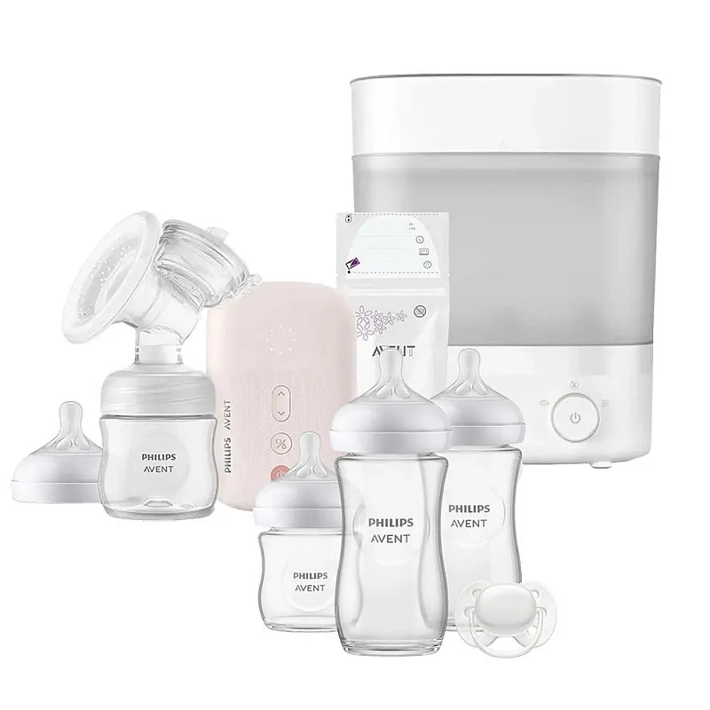 AVENTЕдинична електрическа помпа Natural Motion +  Електрически стерилизатор Premium с функция за изсушаване + Комплект за новородено Natural Response 3.0 - Залъг (0-6) + 3 Шишета - стъкло