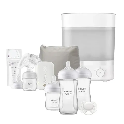 AVENT Единична електрическа помпа Natural Motion Premium Philips AVENT SCF396/31 +  Електрически стерилизатор Premium с функция за изсушаване + Комплект за новородено Natural Response 3.0 - Залъг (0-6) + 3 Шишета - стъкло