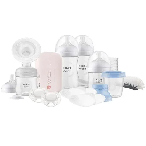 Philips AVENT SCD340/31 Комплект електрическа помпа за изцеждане на кърма Natural Motion Advanced + 4 бр. шишета Natural Response, 5 бр. контейнери VIA, залъгалка, подплънки и четка за почистване