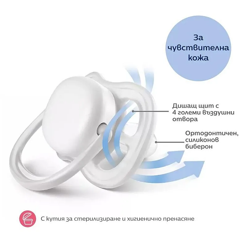 Комплект от 2 бр. ортодонтични залъгалки Philips AVENT SCF085/21 Ultra Air 0-6м, синьо и зелено, в кутия за стерилизиране