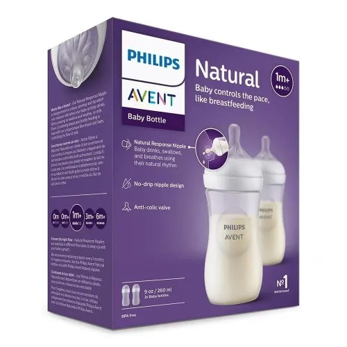 Комплект от 2 бр. шишета за хранене Philips AVENT Natural Response 260 мл с биберон без протичане Natural Response Поток 3 1м+ SCY903/02