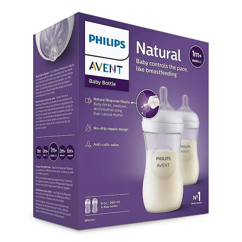Комплект от 2 бр. шишета за хранене Philips AVENT Natural Response 260 мл с биберон без протичане Natural Response Поток 3 1м+ SCY903/02