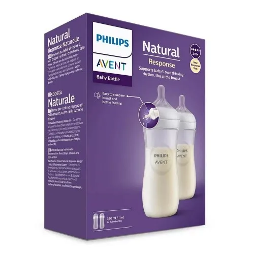 Комплект от 2 бр. шишета за хранене Philips AVENT Natural Response 330 мл с биберон без протичане Поток 4 3м+SCY906/02