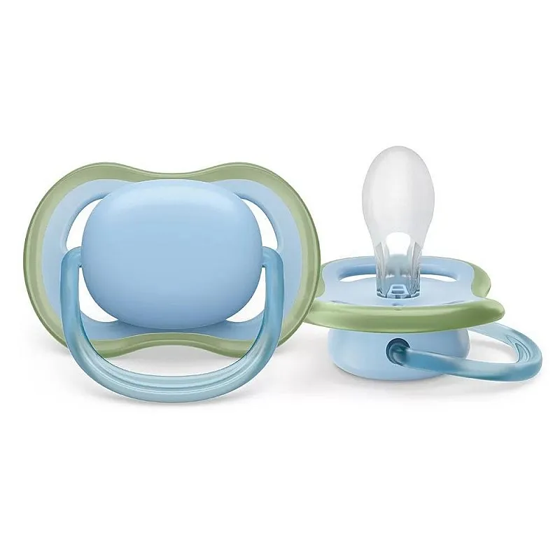 Комплект от 2 бр. ортодонтични залъгалки Philips AVENT SCF085/21 Ultra Air 0-6м, синьо и зелено, в кутия за стерилизиране