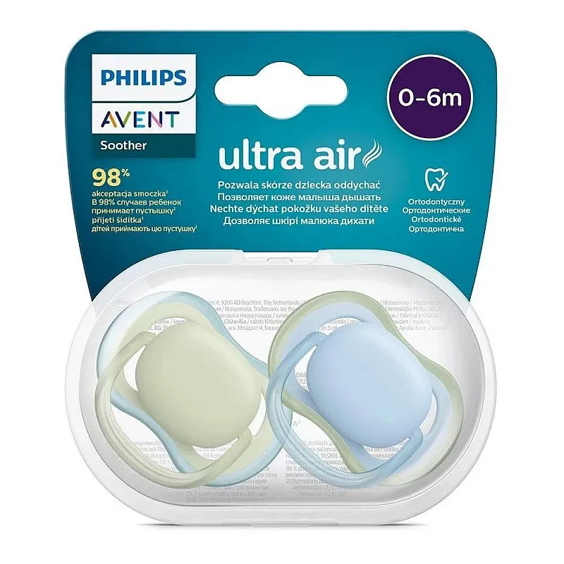 Комплект от 2 бр. ортодонтични залъгалки Philips AVENT SCF085/21 Ultra Air 0-6м, синьо и зелено, в кутия за стерилизиране