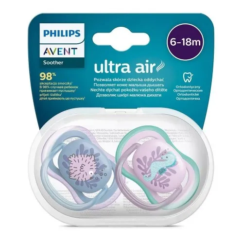 Комплект от 2 бр. ортодонтични залъгалки Philips AVENT SCF085/61 Ultra Air 6-18м, с декор Риба и Морско конче, в кутия за стерилизиране