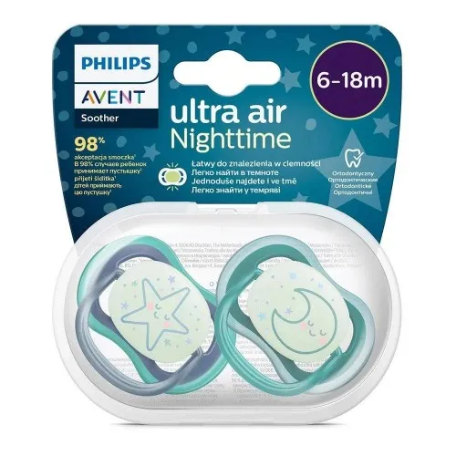 2 бр. светещи в тъмното ортодонтични залъгалки Philips Avent Ultra Air Night 6-18м, сини с декорация Звезда и Луна, в кутия за стерилизиране и пренасяне