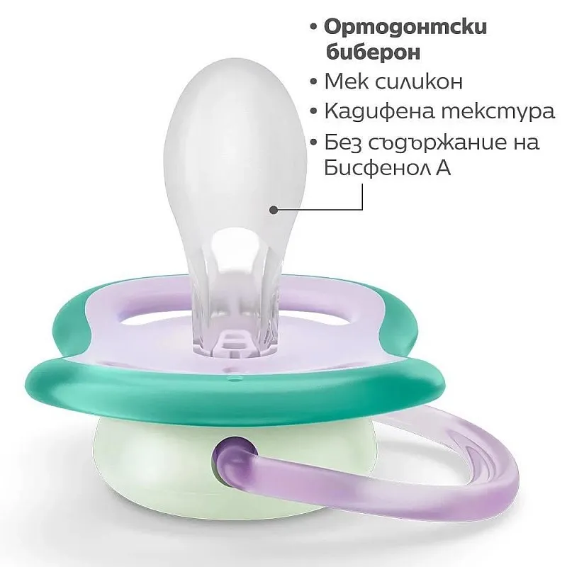 2 бр. светещи в тъмното ортодонтични залъгалки Philips Avent Ultra Air Night 0-6м с декорация Пеперуда и надпис Dreams, в кутия за стерилизиране и пренасяне