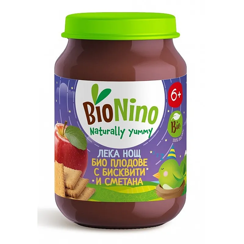 BioNino БИО Пюре Лека нощ Плодове с бисквити и сметана 6м. 190г