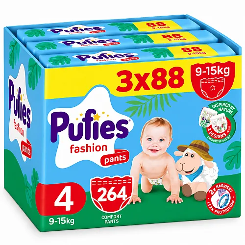 Pufies Памперс гащички 4 9-15кг 264бр. с подарък - плюшено агънце Пуфи