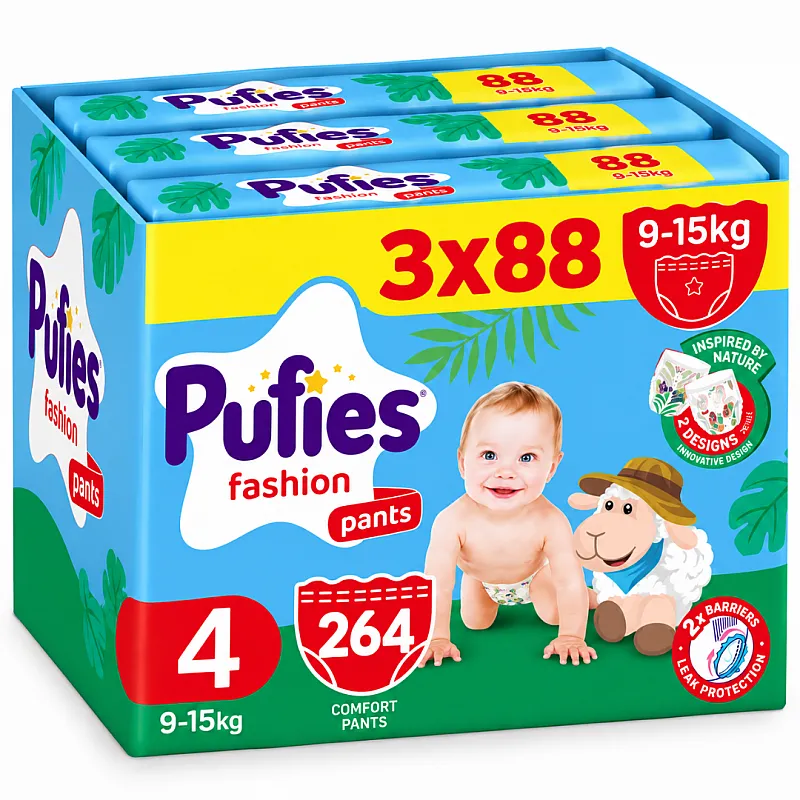 Pufies Памперс гащички 4 9-15кг 264бр. с подарък - плюшено агънце Пуфи