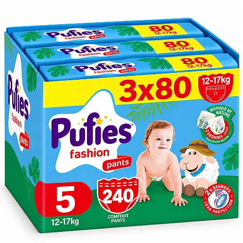 Pufies Памперс гащички 5 12-17кг 240бр. с подарък - плюшено агънце Пуфи