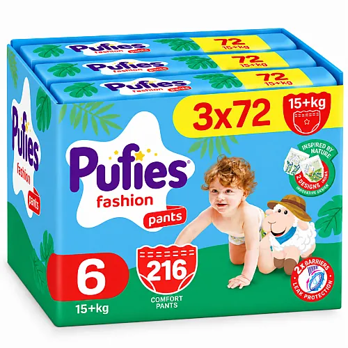 Pufies Памперс гащички 6 15+кг 216бр. с подарък - плюшено агънце Пуфи
