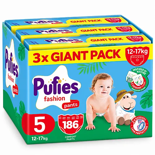 Pufies Памперс гащички 5 12-17кг 186бр. с подарък - плюшено агънце Пуфи