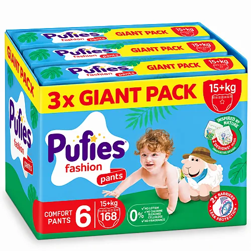 Pufies Памперс гащички 6 15+кг 168бр. с подарък - плюшено агънце Пуфи