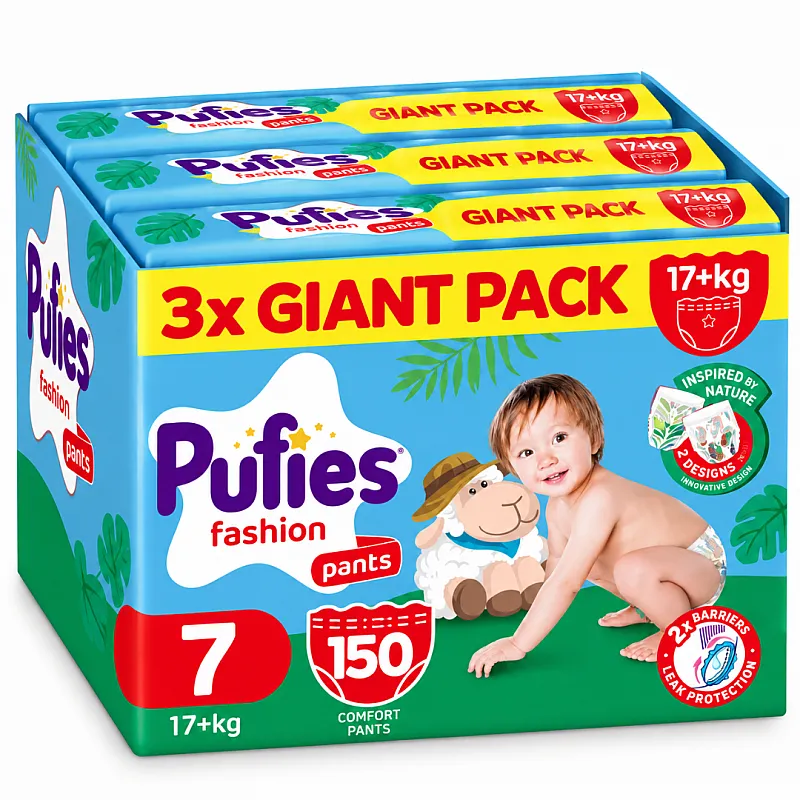 Pufies Памперс гащички 7 17+кг 150бр. с подарък - плюшено агънце Пуфи