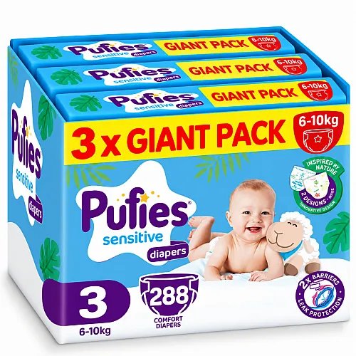 Pufies Еднократни пелени 3 6-10кг 288бр. с подарък - плюшено агънце Пуфи