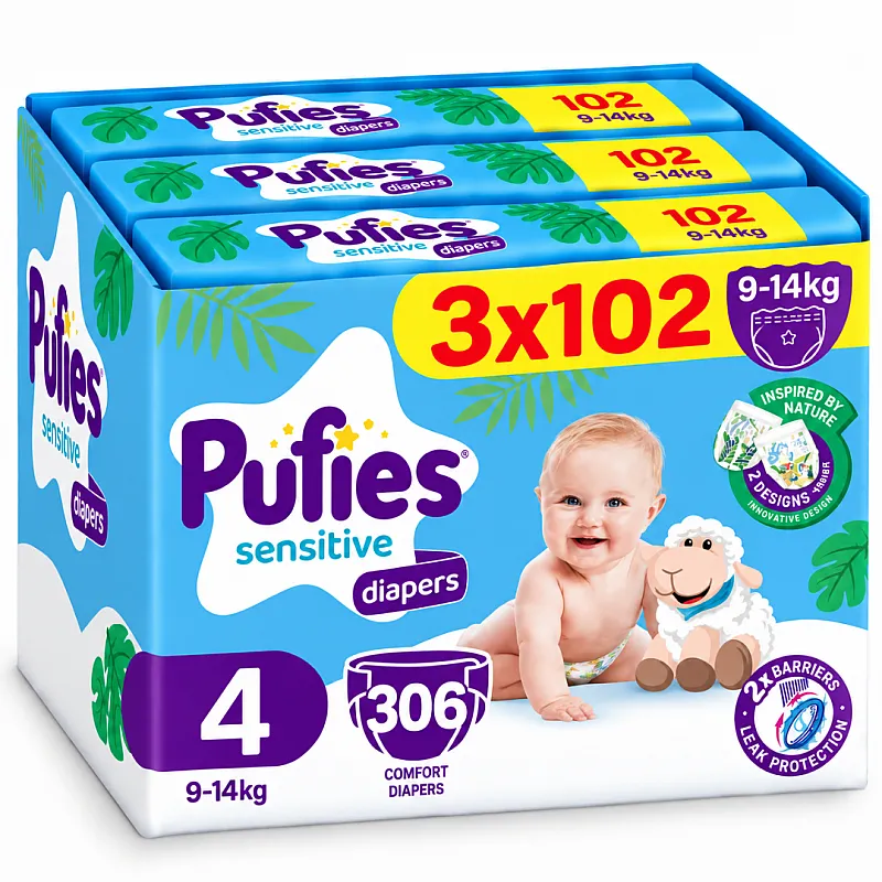 Pufies Еднократни пелени 4 9-14кг 306бр. с подарък - плюшено агънце Пуфи