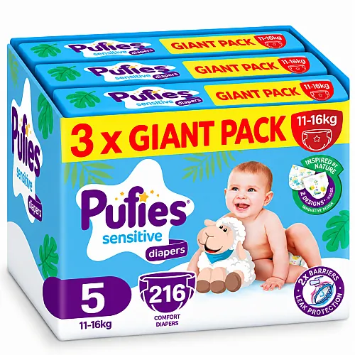 Pufies Еднократни пелени 5 11-16кг 216бр. с подарък - плюшено агънце Пуфи