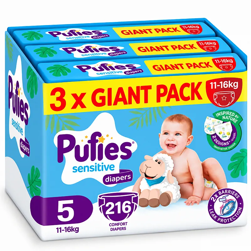 Pufies Еднократни пелени 5 11-16кг 216бр. с подарък - плюшено агънце Пуфи