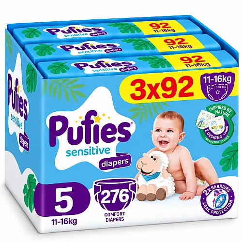 Pufies Еднократни пелени 5 11-16кг 276бр. с подарък - плюшено агънце Пуфи