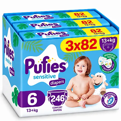 Pufies Еднократни пелени 6 13+кг 246бр. с подарък - плюшено агънце Пуфи