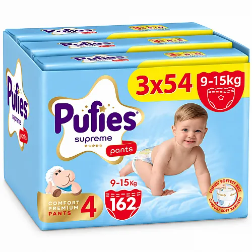 Pufies Supreme Гащички за еднократна употреба 4 9-15кг 162бр. с подарък - плюшено агънце Пуфи