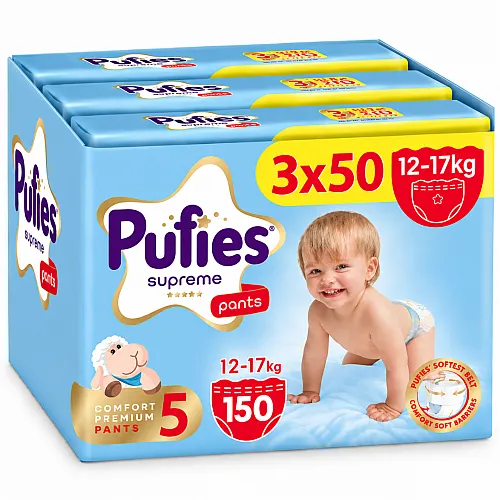 Pufies Supreme Гащички за еднократна употреба 5 12-17кг 150бр. с подарък - плюшено агънце Пуфи