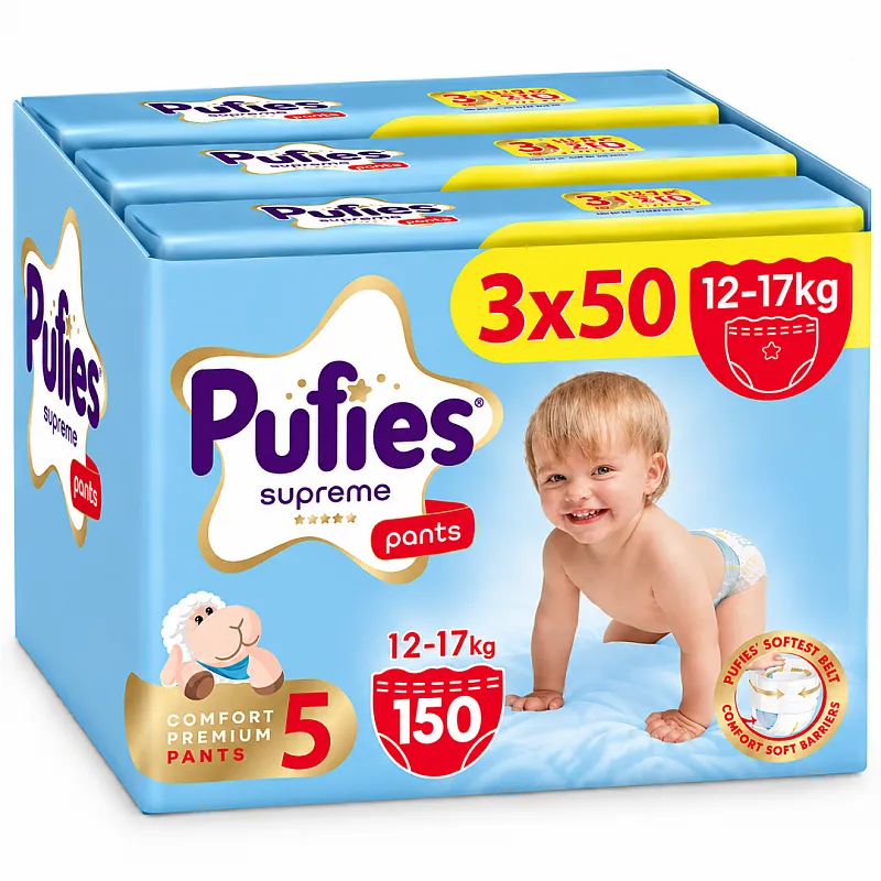 Pufies Supreme Гащички за еднократна употреба 5 12-17кг 150бр. с подарък - плюшено агънце Пуфи