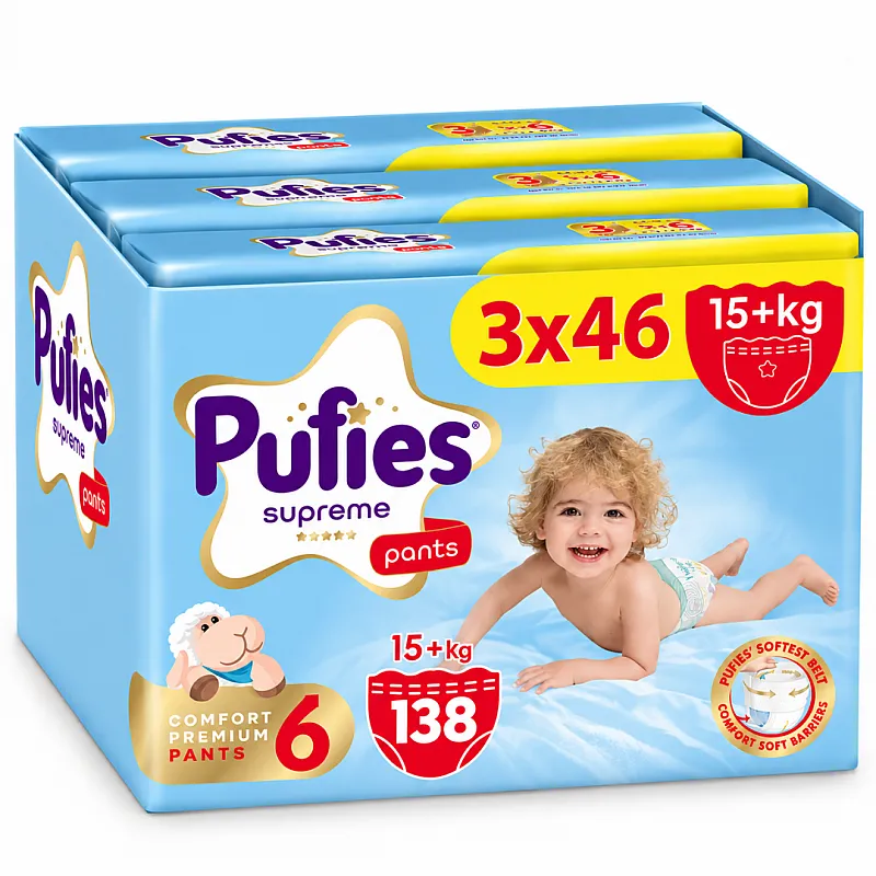 Pufies Supreme Гащички за еднократна употреба 6 15+кг 138бр. с подарък - плюшено агънце Пуфи
