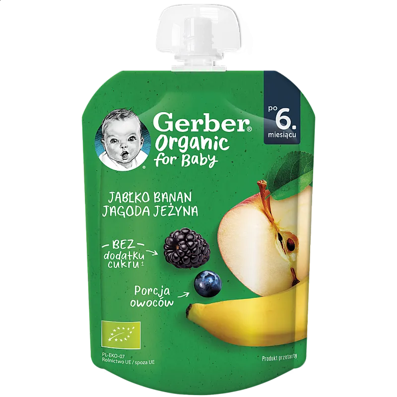 GERBER Organic Ябълка, Банан, Боровинка и Къпина 6м. 80г GERBER Organic Ябълка, Банан, Боровинка и Къпина 6м. 80г