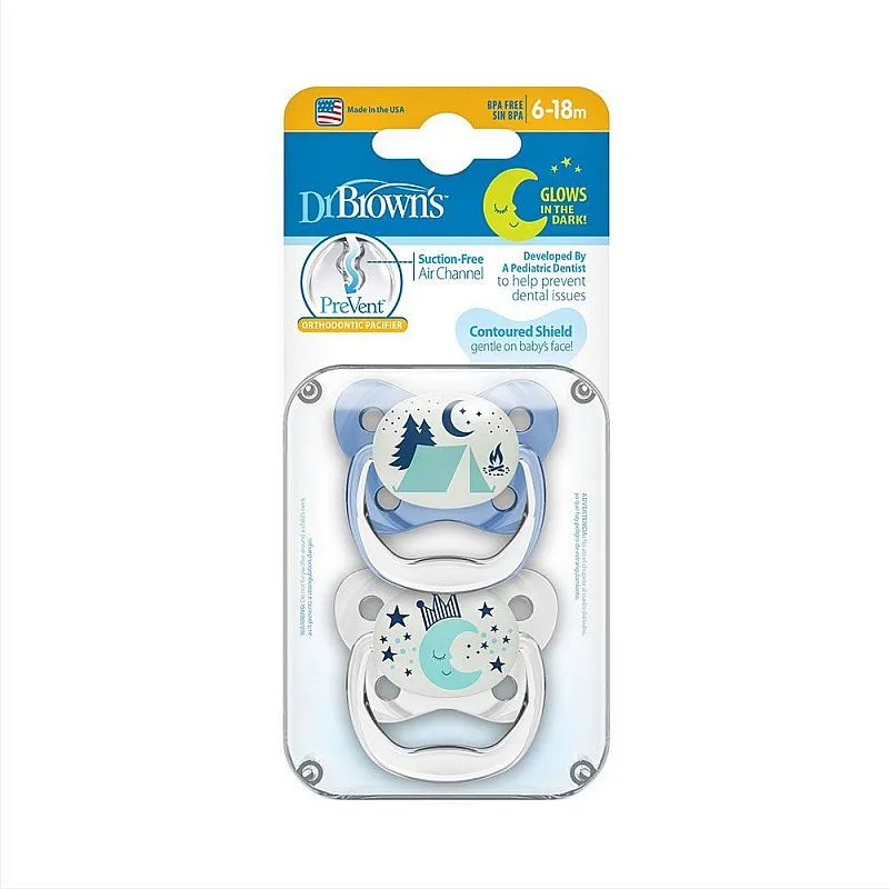 Комплект залъгалки Dr.Brown's PreVent, етап 2, 6м+, 2 броя, светещи - момче