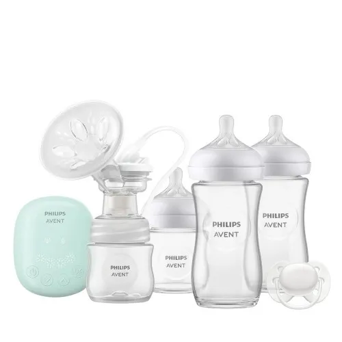 Philips Avent  Единична електрическа помпа за изцеждане на кърма Philips AVENT Essential SCF323/11 + Комплект за новородено Natural Response 3.0 - Залъг (0-6) + 3 Шишета - стъкло