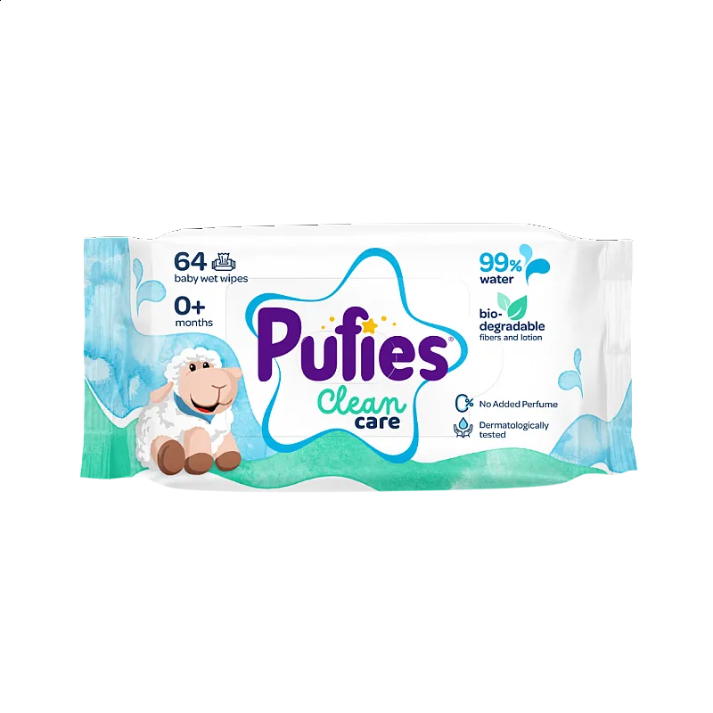 Pufies Clean Care Мокри кърпички с 99% вода 64бр.