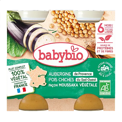 Babybio Био Пюре Вегетарианска мусака с патладжан и нахут 6м. 200г Babybio Био Пюре Вегетарианска мусака с патладжан и нахут 6м. 200г