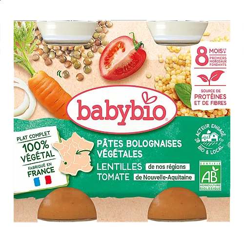 Babybio Био пюре Вегетарианска паста Болонезе с леща и домати 8м. 200г Babybio Био пюре Вегетарианска паста Болонезе с леща и домати 8м. 200г