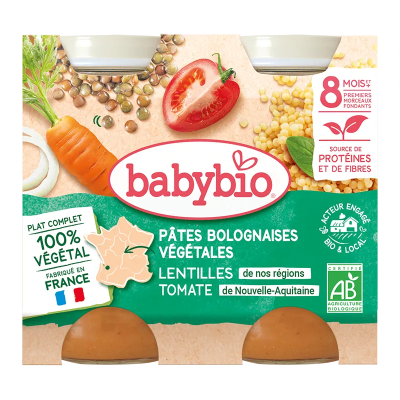 Babybio Био пюре Вегетарианска паста Болонезе с леща и домати 8м. 200г Babybio Био пюре Вегетарианска паста Болонезе с леща и домати 8м. 200г