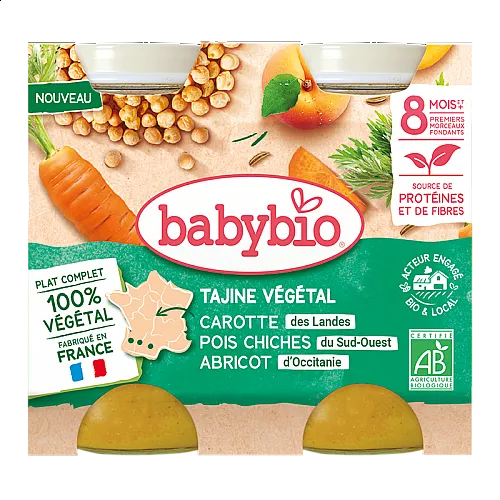 Babybio Био пюре Вегетариански Таджин с моркови, булгур, нахут и кайсии 8м. 200г Babybio Био пюре Вегетариански Таджин с моркови, булгур, нахут и кайсии 8м. 200г
