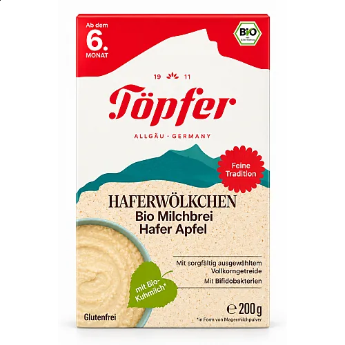 Topfer БИО Млечна каша с пълнозърнест овес и ябълка 6м. 200г
