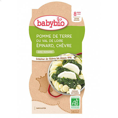 Babybio Био зеленчуково пюре Картофи, спанак и козе сирене 8м. 2х200г - купички