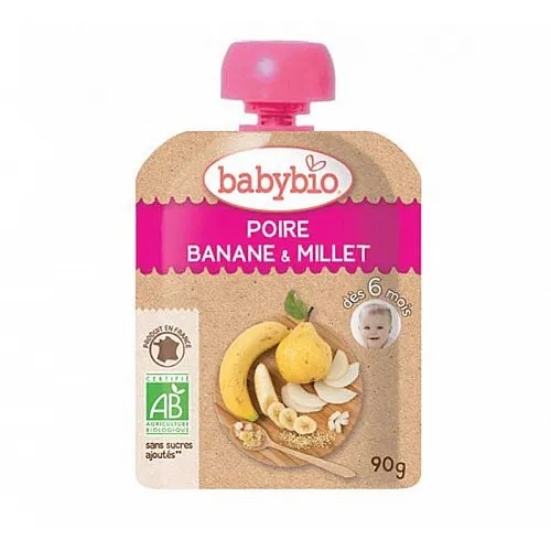 Babybio Био плодов мус за бебета Круша, Банан и Просо 6м. 90г