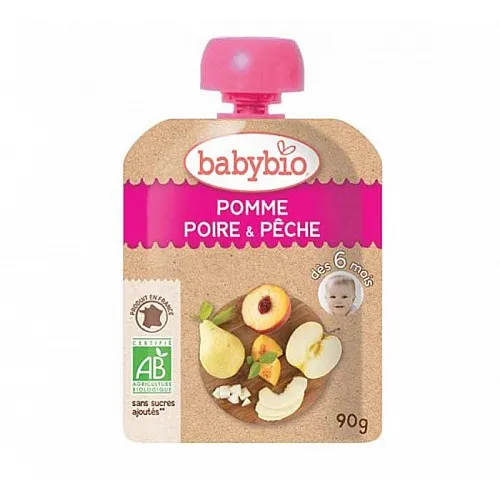 Babybio Био плодов мус за бебета Ябълка, Праскова и Круша 6м. 90г