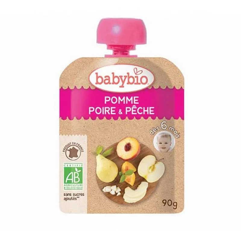 Babybio Био плодов мус за бебета Ябълка, Праскова и Круша 6м. 90г